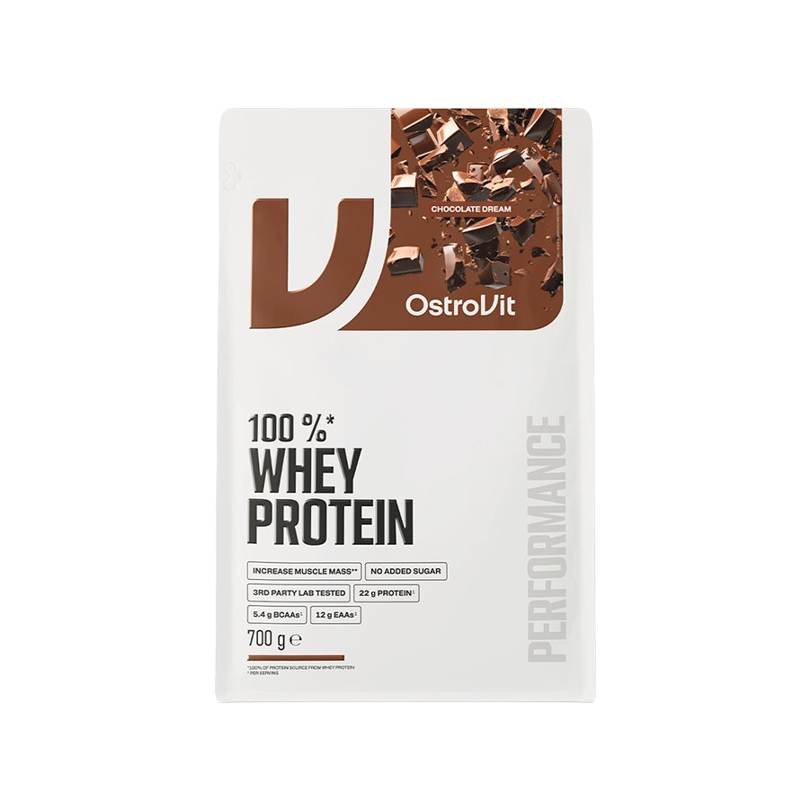 100% Whey Protein Chocolate 700gr OstroVit, proteína concentrada de soro de leite em pó com sabor a chocolate.