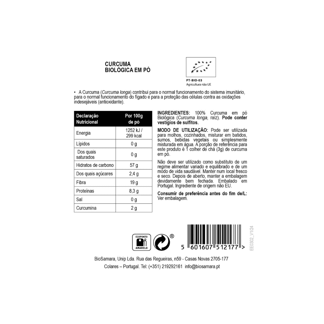 Curcuma em Pó BioSamara 125 g, especiaria em pó de origem vegetal para usar em bebidas, pratos salgados e receitas caseiras.
