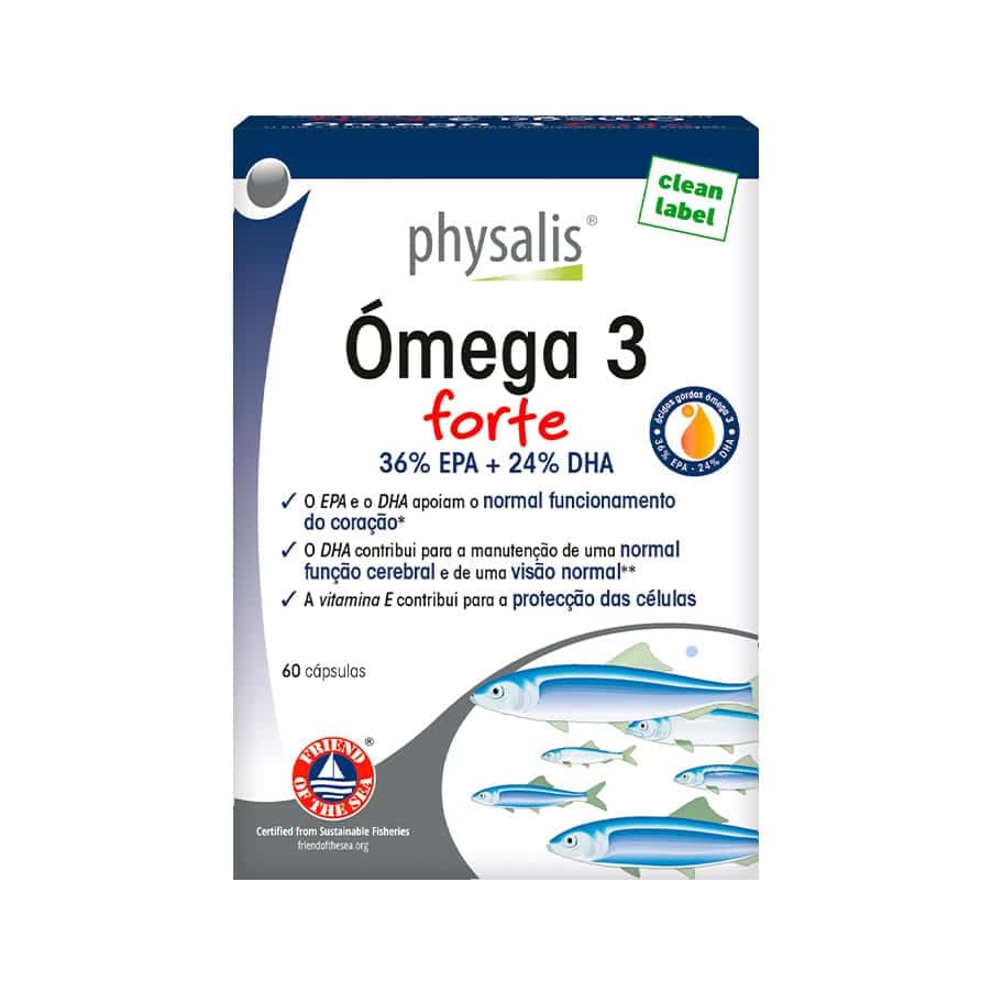 Suplemento alimentar à base de óleo de peixe, com ácidos gordos polinsaturados ómega-3 EPA e DHA.