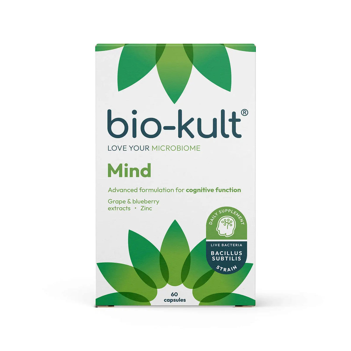Bio-Kult Mind é um suplemento alimentar com bactérias vivas, extratos de uva e mirtilo e zinco. O produto fornece 2 mg de zinco por cápsula (20% VRN). 