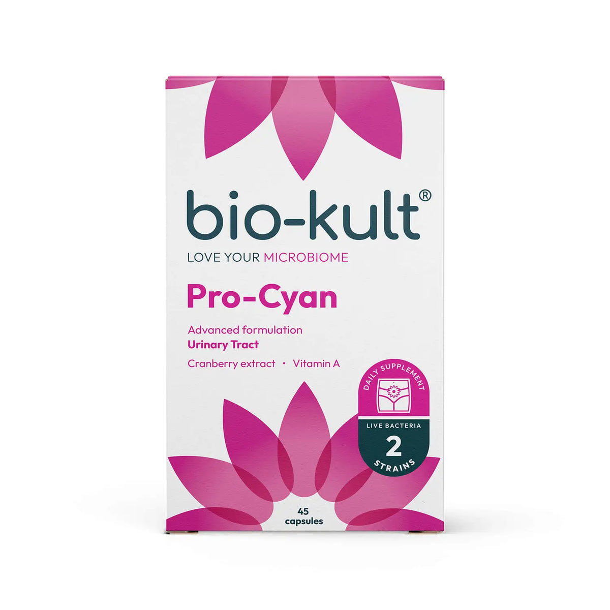 Bio-Kult Pro-Cyan é uma fórmula de tripla ação que garante ao organismo um equilíbrio normal das bactérias no intestino, para manter um sistema urinário saudável.