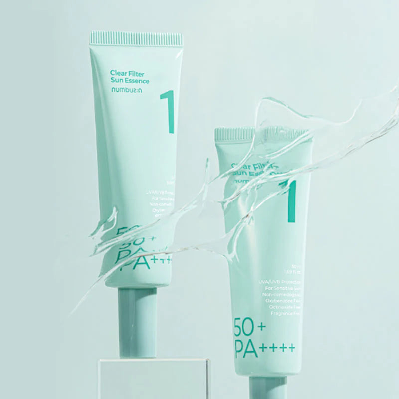 Essência Solar N.1 Clear Filter SPF50+ 50ml Numbuzin, protetor solar coreano com heartleaf, centella asiática, raiz de alcaçuz e niacinamida.