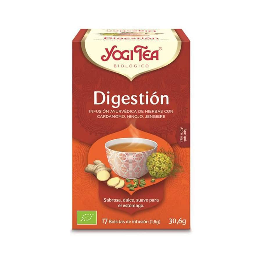 Infusão bio Digestão Yogi Tea em caixa de 17 saquetas, mistura herbal biológica para apoio digestivo.