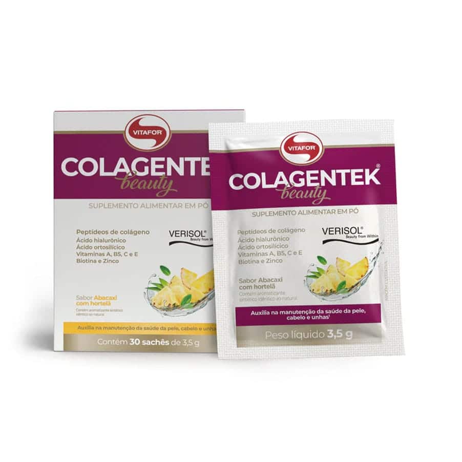 Suplemento alimentar em pó formulado com péptidos de colagénio bioativos VERISOL®, ácido hialurónico, ácido ortossilícico, vitaminas A, B5, C e E, biotina e zinco.