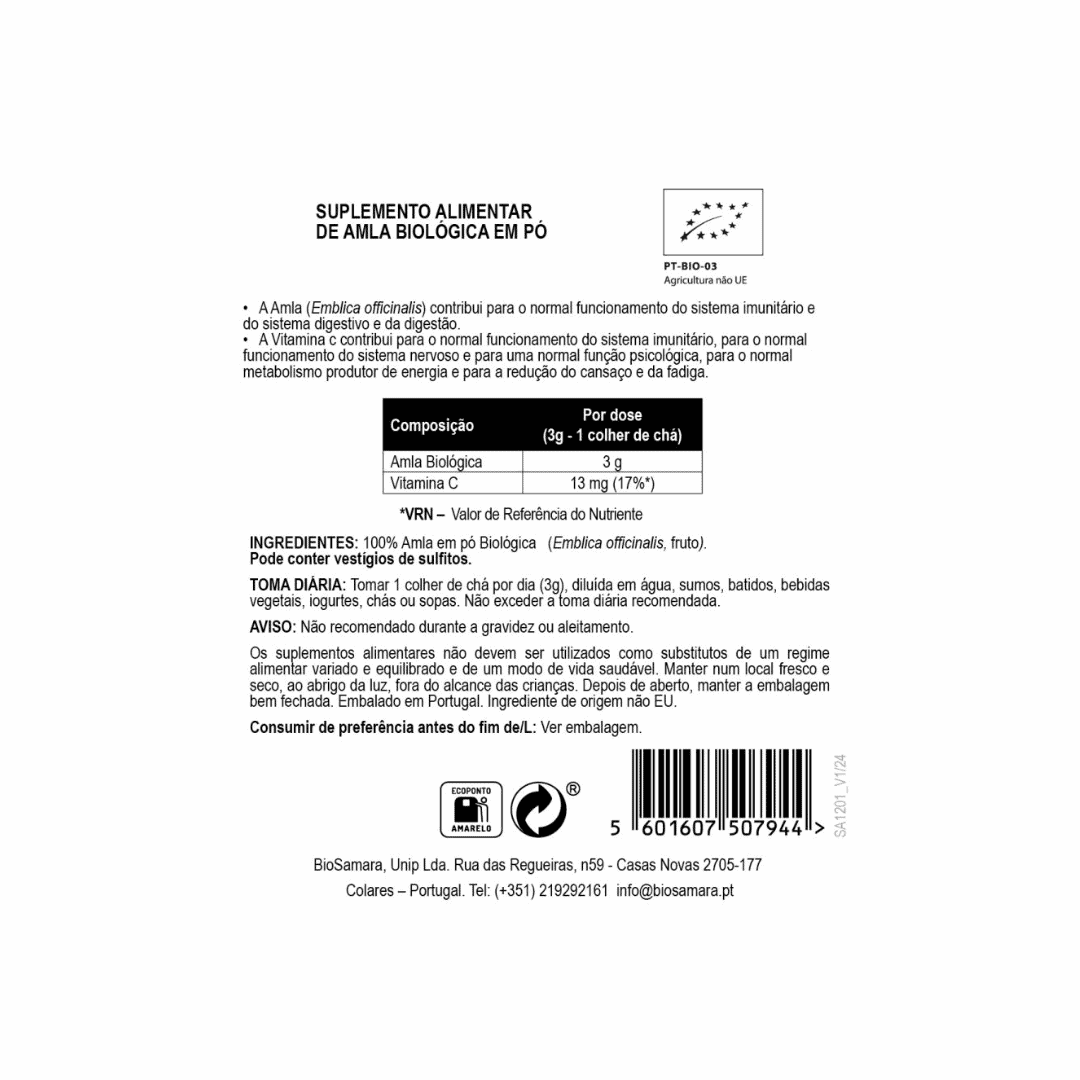 Amla em Pó BioSamara 125 g, produto alimentar em pó de origem vegetal para adicionar a batidos, papas e receitas.
