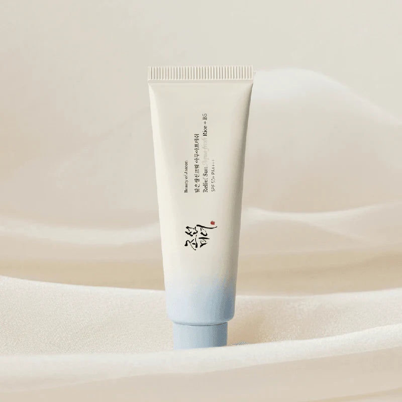 Protetor Solar Relief Sun Aqua-Fresh Rice + B5 SPF50+ 50ml Beauty of Joseon com água de semente de arroz e pantenol para proteger e hidratar a pele.
