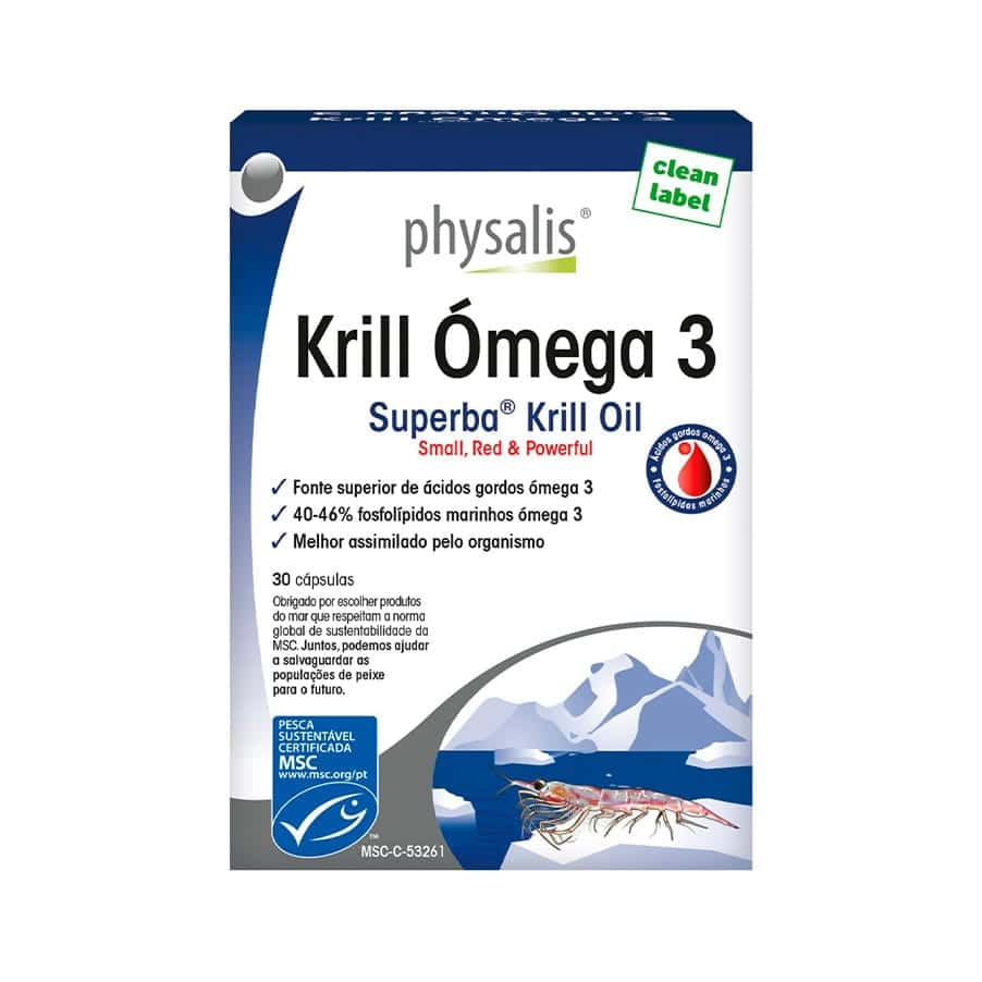 Suplemento alimentar à base de óleo de krill obtido da espécie marinha Euphausia superba, proveniente de águas frias.