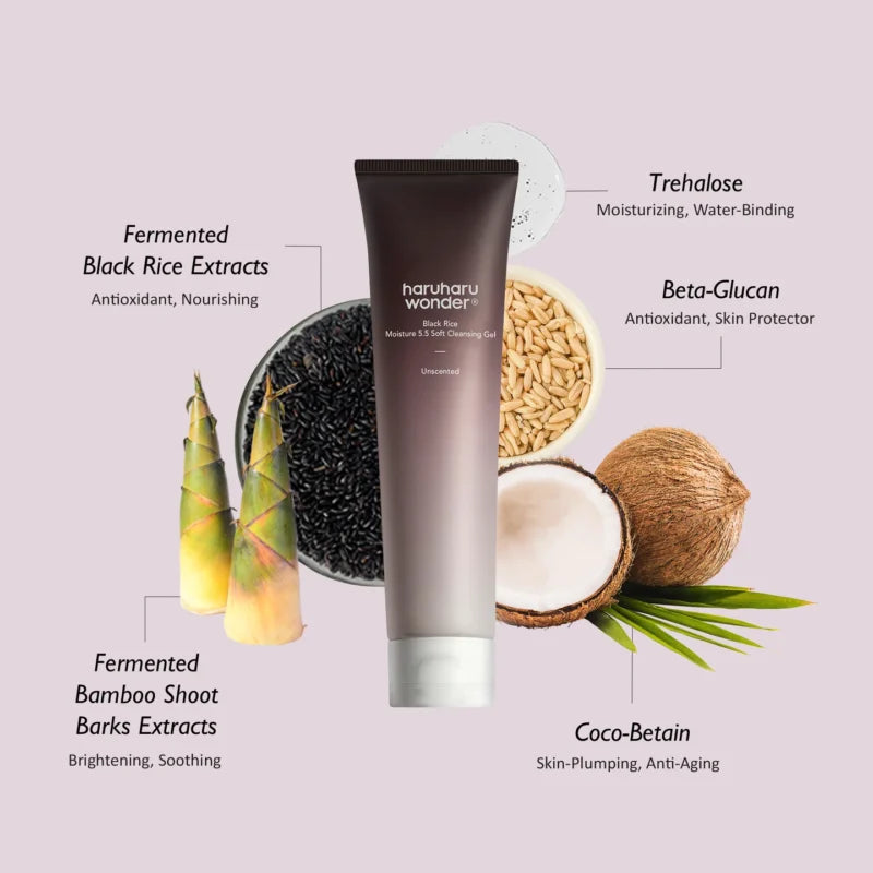 Black Rice Skincare Set Haruharu Wonder 150ml + 100ml + 150ml + 50ml, conjunto coreano com óleo de limpeza, gel de limpeza, tónico concentrado e creme hidratante.
