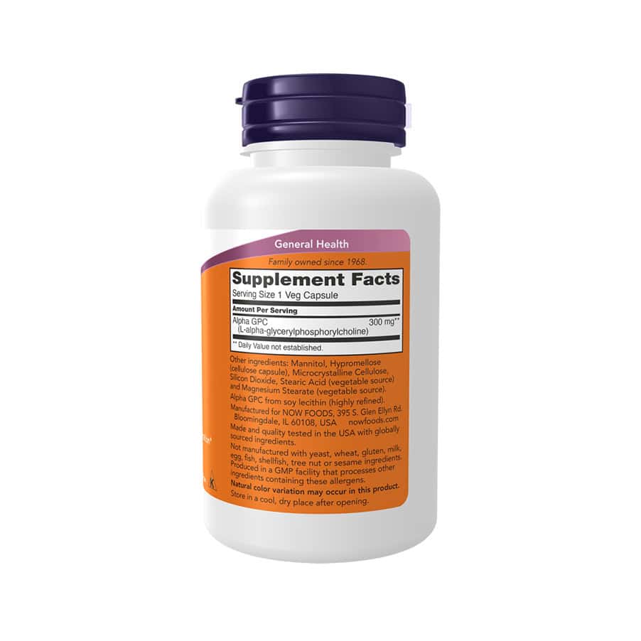 Suplemento Alpha GPC 300mg da Now Foods em frasco com 60 cápsulas, apoio à função cognitiva e memória.