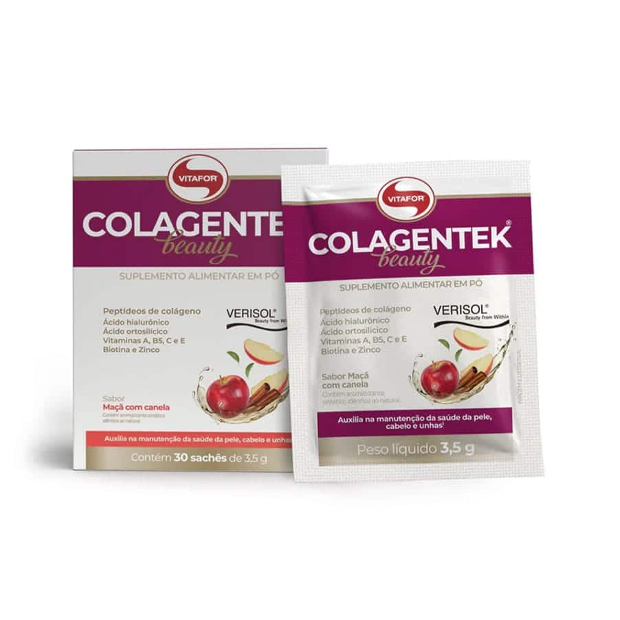 Suplemento alimentar em pó formulado com péptidos de colagénio bioativos VERISOL®, ácido hialurónico, ácido ortossilícico, vitaminas A, B5, C e E, biotina e zinco.
