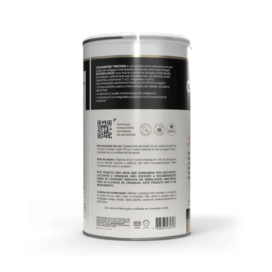 Suplemento alimentar em pó formulado com proteína isolada e hidrolisada de colagénio, incluindo péptidos de colagénio BODYBALANCE®.