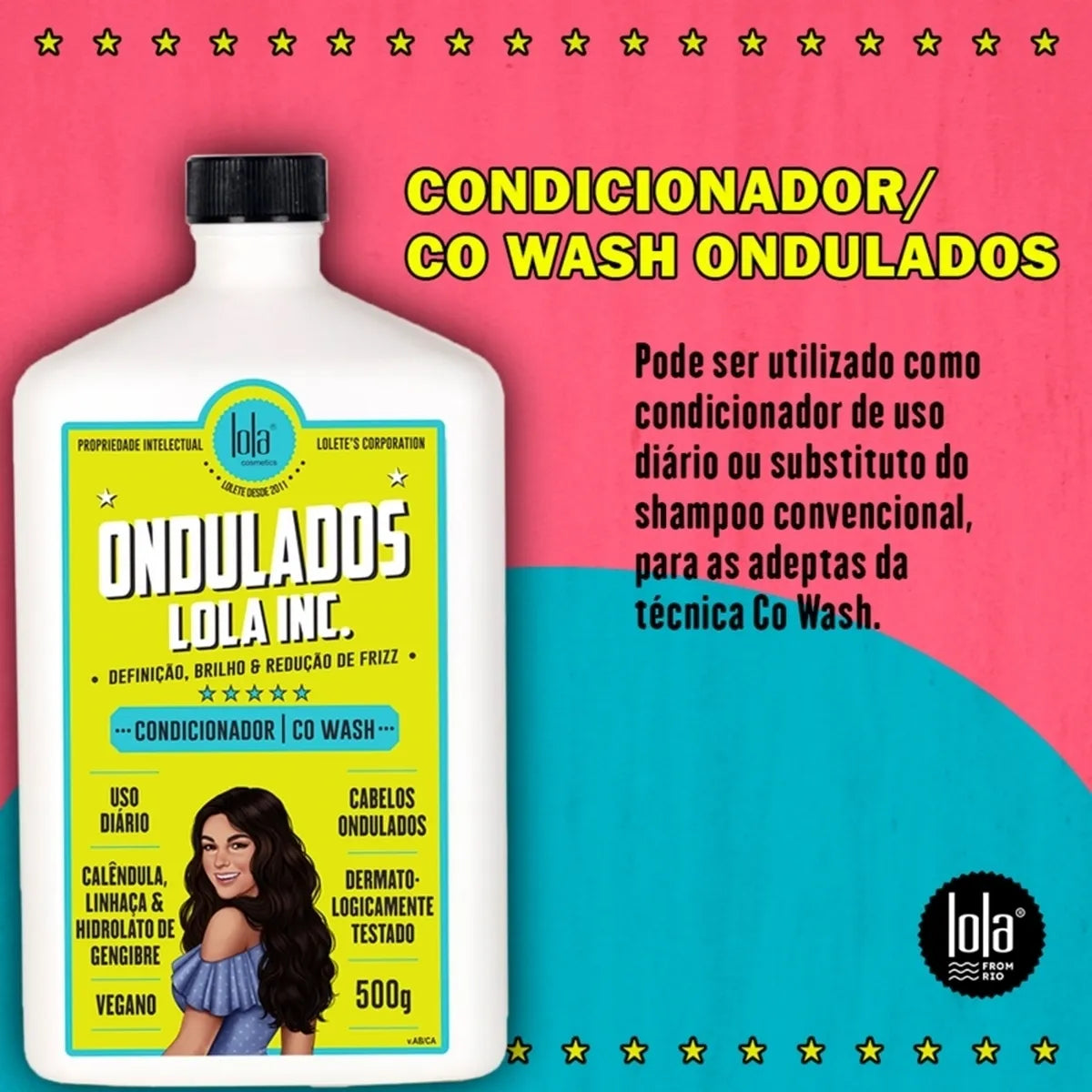 Condicionador Lola Inc. para cabelos ondulados, frasco de 500ml com design colorido da marca Lola Cosmetics.