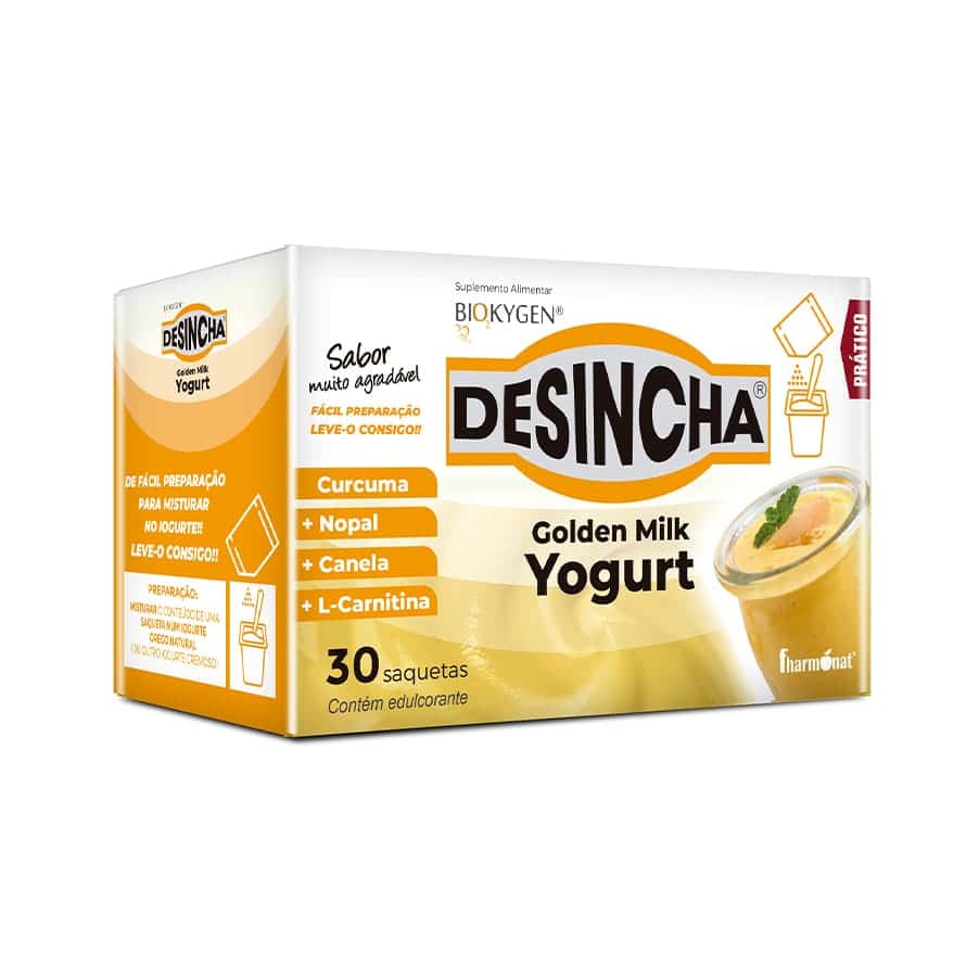 Desincha Golden Milk Yogurt 30 Saquetas Biokygen, suplemento alimentar em pó com curcuma, nopal, gengibre, canela e L-carnitina.
