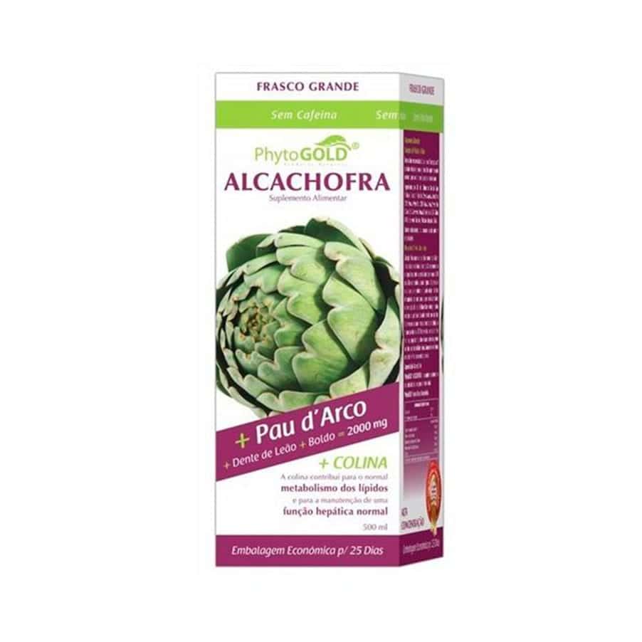 Alcachofra Xarope 500 ml PhytoGold, suplemento alimentar líquido com alcachofra, boldo, pau-d’arco e dente-de-leão.