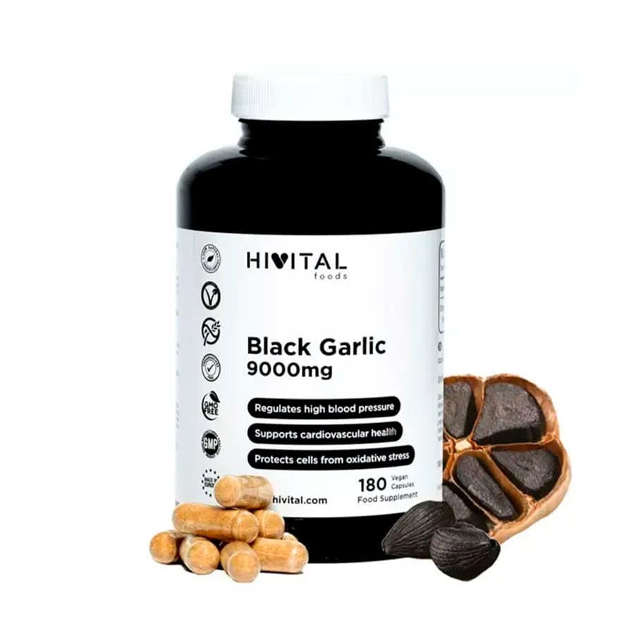 Alho Preto 9000mg Hivital com 180 cápsulas veganas, suplemento alimentar com extrato concentrado de bolbo de alho preto.