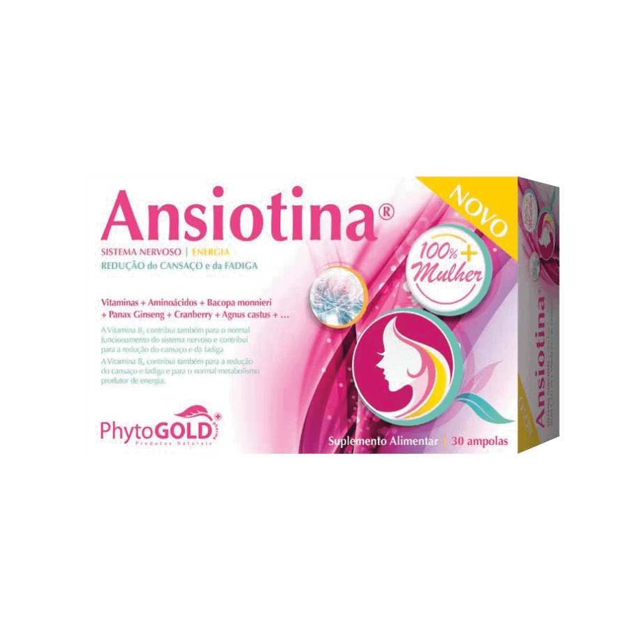 Ansiotina 100% Mulher 30 ampolas PhytoGold, suplemento alimentar com vitaminas, aminoácidos, isoflavonas de soja e extratos vegetais.