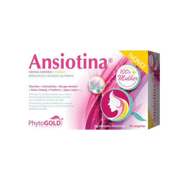 Ansiotina 100% Mulher 30 ampolas PhytoGold, suplemento alimentar com vitaminas, aminoácidos, isoflavonas de soja e extratos vegetais.