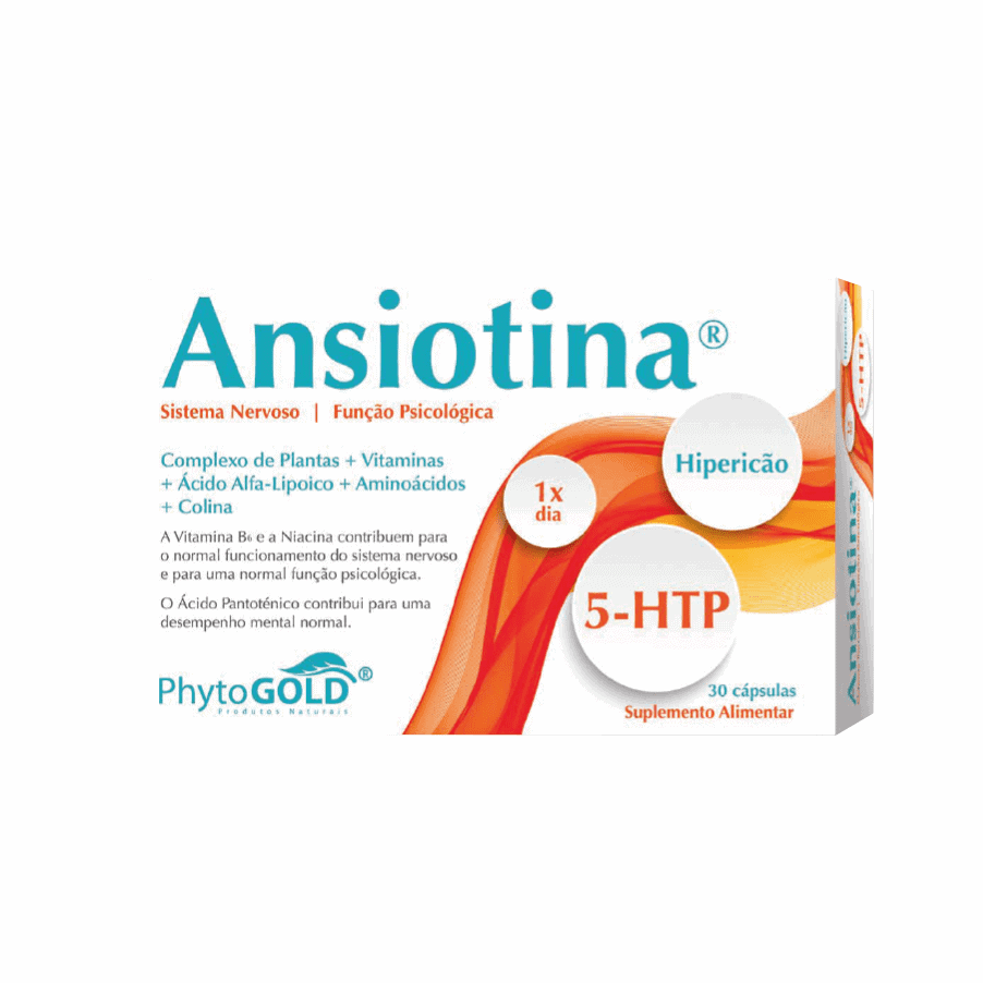 Ansiotina 5-HTP 30 cápsulas PhytoGold, suplemento alimentar com griffonia, guaraná, hipericão, aminoácidos e vitaminas do complexo B.