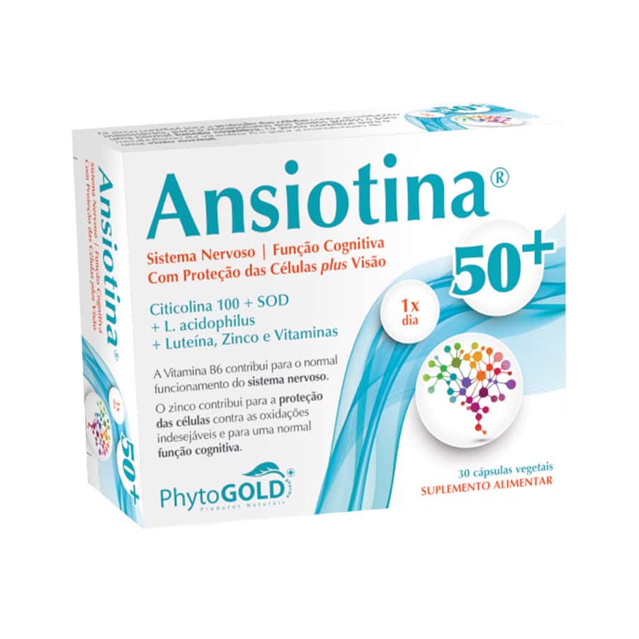 Ansiotina 50+ 30 cápsulas vegetais PhytoGold, suplemento alimentar com luteína, citicolina, zinco e vitaminas do complexo B.