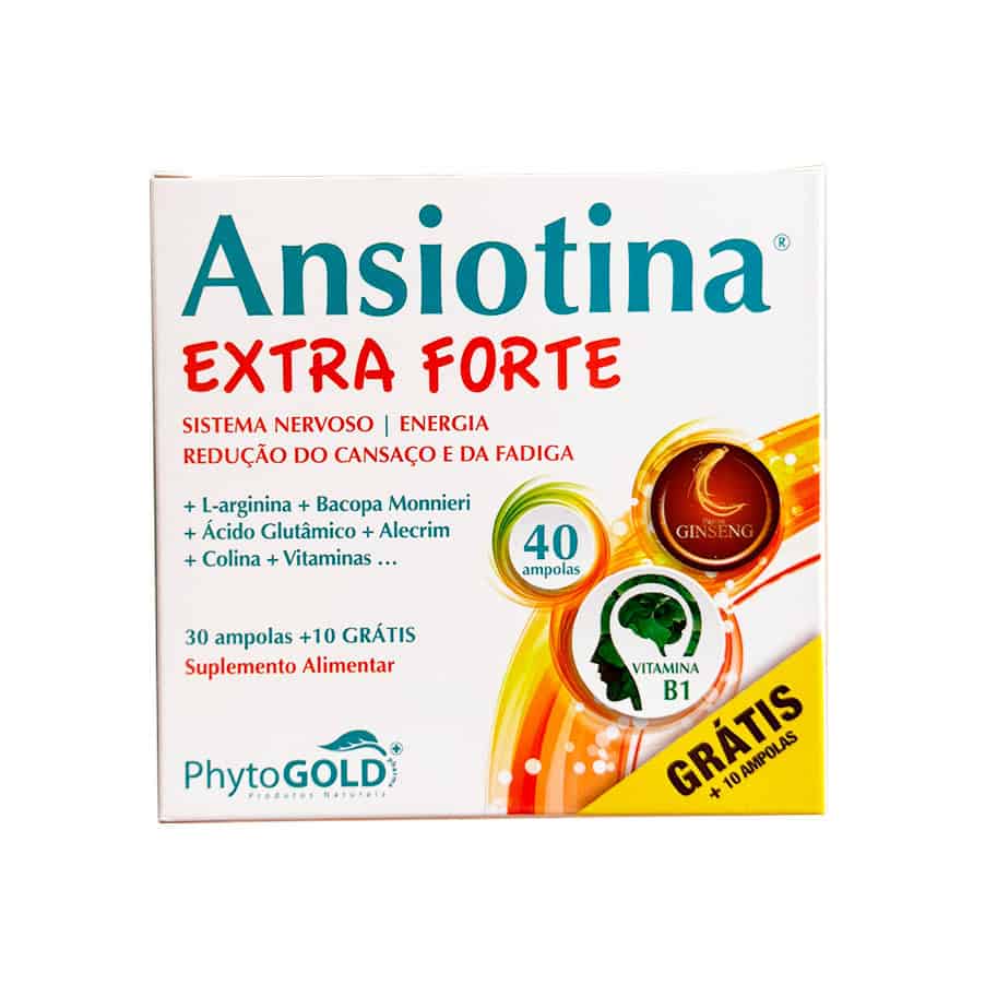 Ansiotina Extra Forte 40 ampolas PhytoGold, suplemento alimentar líquido com aminoácidos, vitaminas do complexo B e extratos vegetais.
