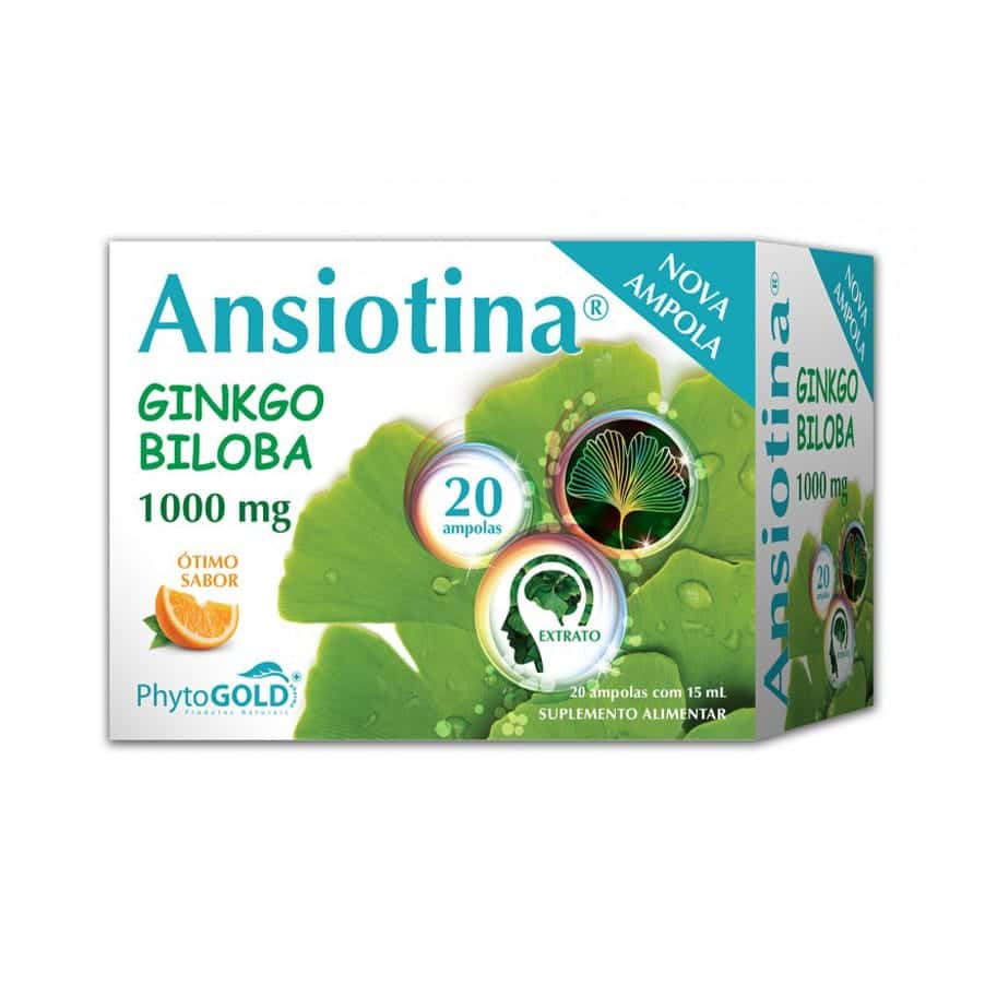 Ansiotina Ginkgo Biloba 20 ampolas PhytoGold, suplemento alimentar líquido com extrato padronizado de ginkgo biloba.