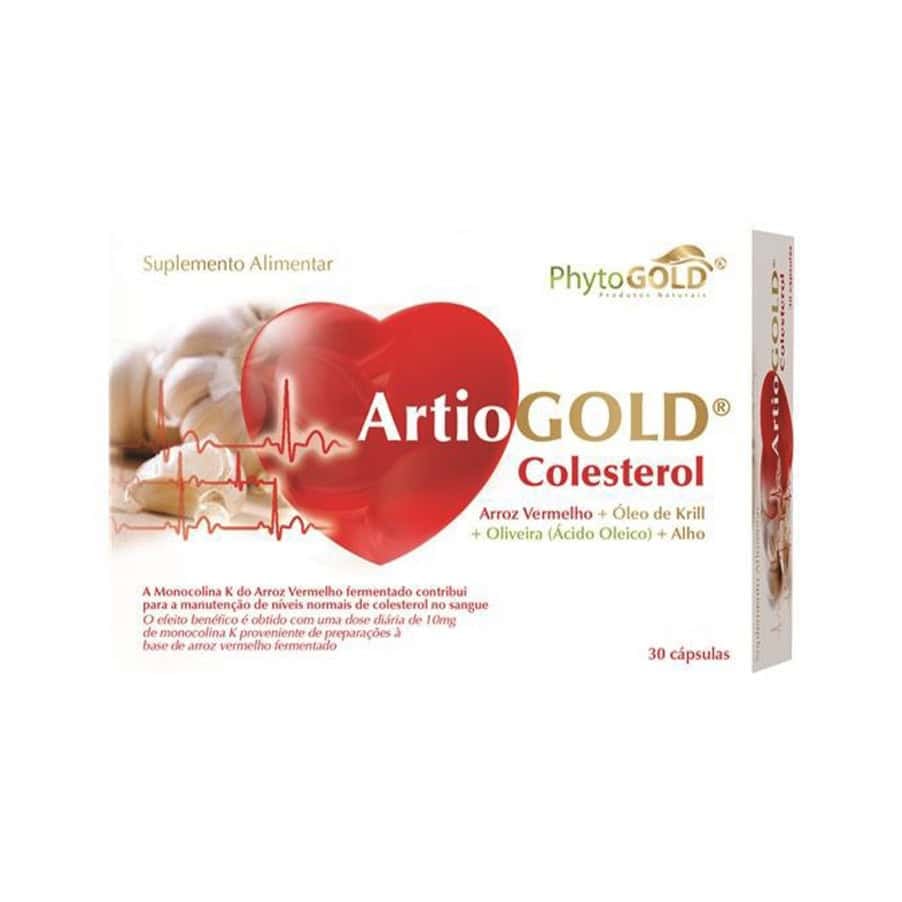 ArtioGold 30 comprimidos PhytoGold, suplemento alimentar com arroz vermelho fermentado, alho, folha de oliveira, policosanol, coenzima Q10 e vitaminas B.