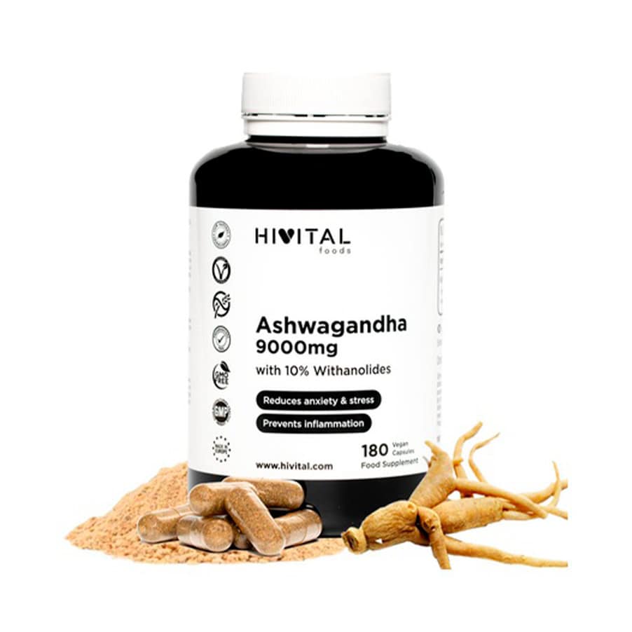 Ashwagandha 9000mg Hivital com 180 cápsulas veganas, suplemento alimentar com extrato de raiz de Withania somnifera.