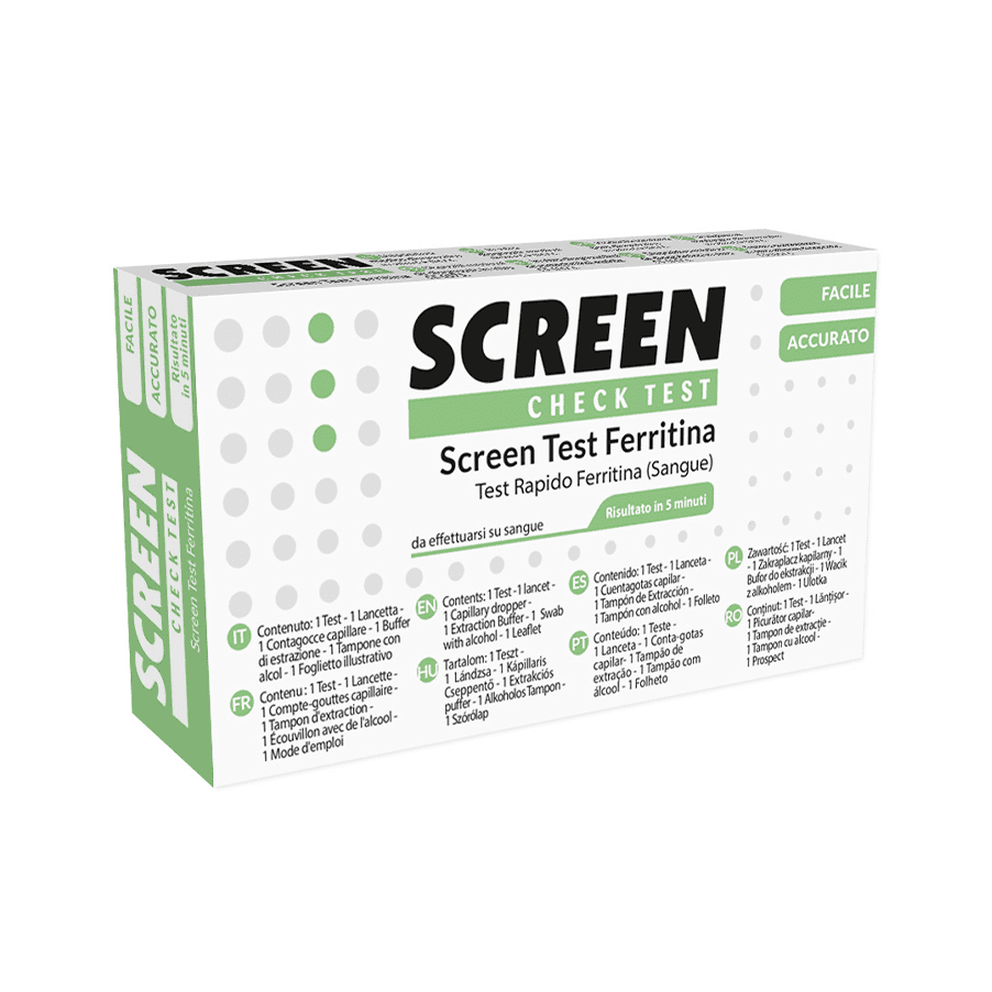 Auto-Teste de Ferritina Screen Pharma com kit para avaliação rápida dos níveis de ferritina no sangue.