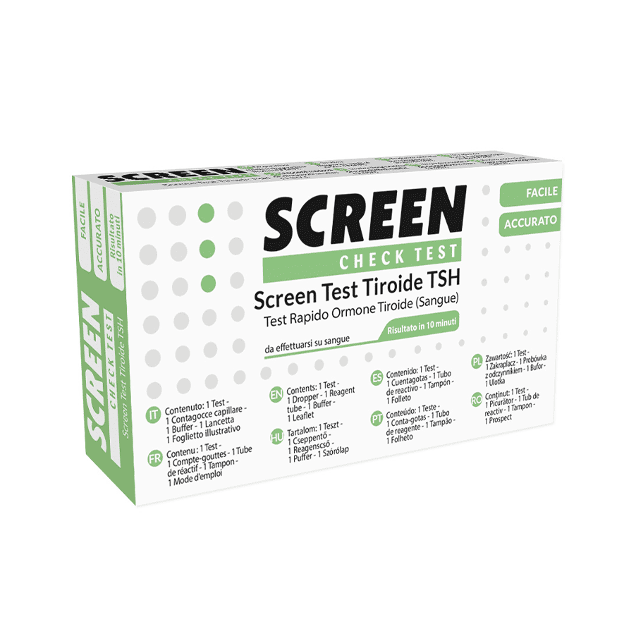 Auto-Teste da Tiróide Screen Pharma com kit rápido para deteção qualitativa da hormona TSH no sangue.