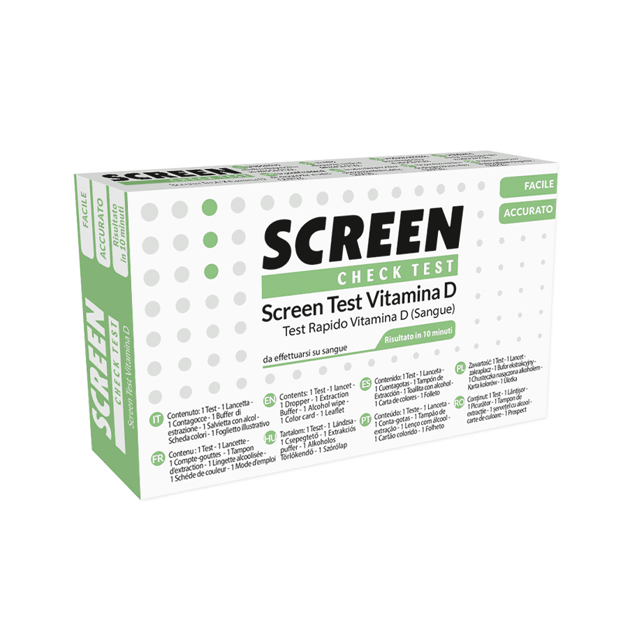 Auto-Teste de Vitamina D Screen Pharma com kit rápido para avaliar a quantidade de vitamina D no sangue.