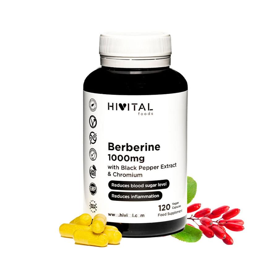 Berberina 1000mg Hivital com 120 cápsulas veganas, suplemento alimentar com extrato de berberina para a rotina diária.