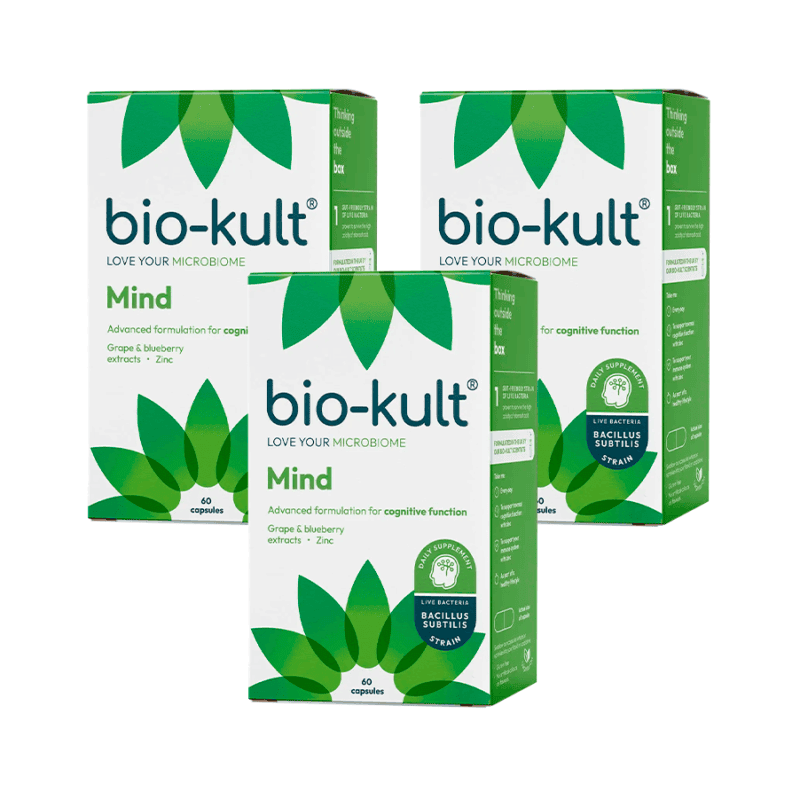 Bio-Kult Mind é um suplemento alimentar com bactérias vivas, extratos de uva e mirtilo e zinco. Além disso, apresenta-se em pack com 3 embalagens.