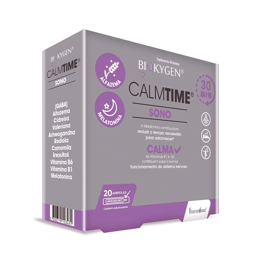 Calmtime Sono 20 Ampolas Biokygen, suplemento alimentar em ampolas para a rotina de descanso.
