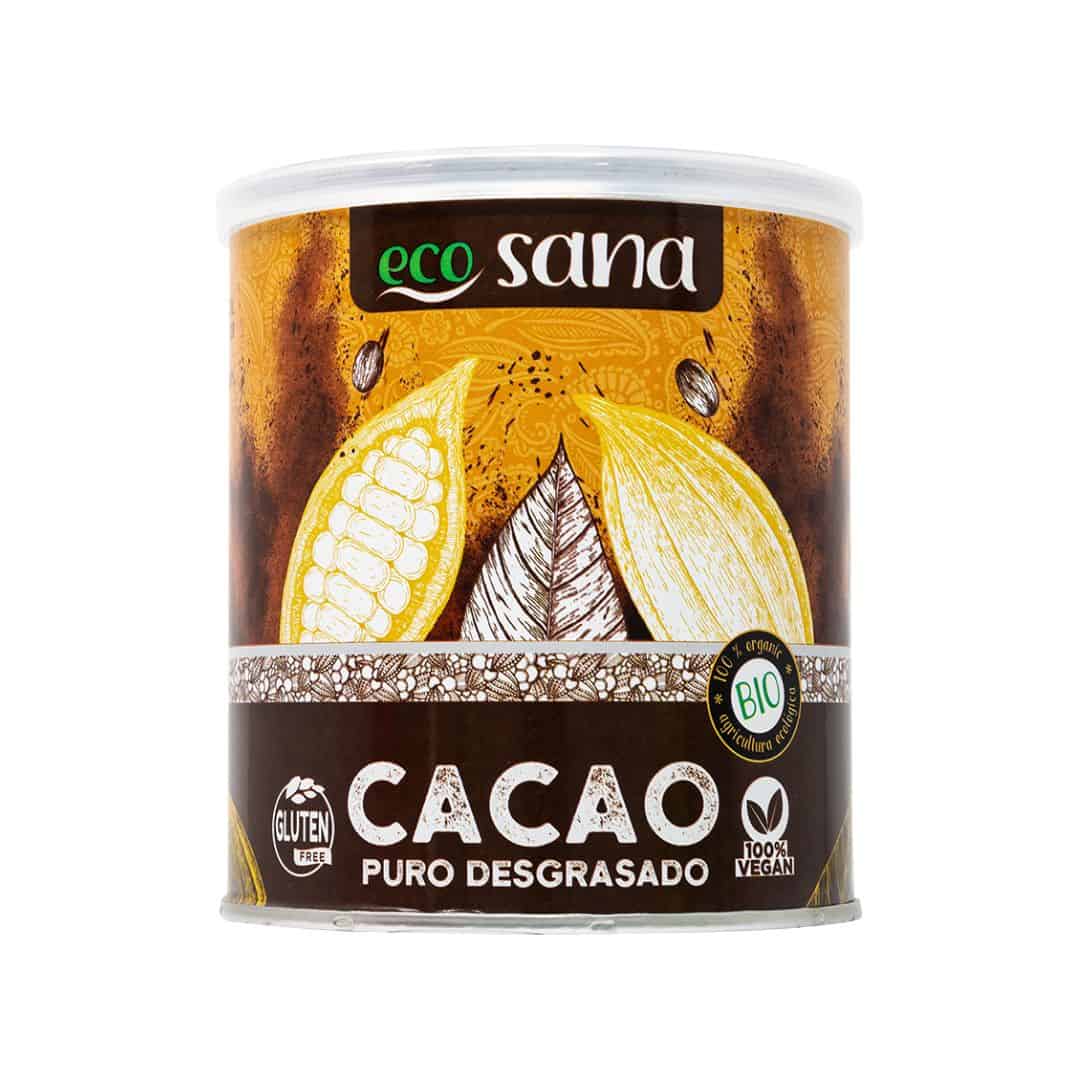 Cacau Puro Desengordurado Bio 275gr Ecosana em embalagem, cacau em pó biológico para bebidas e receitas.