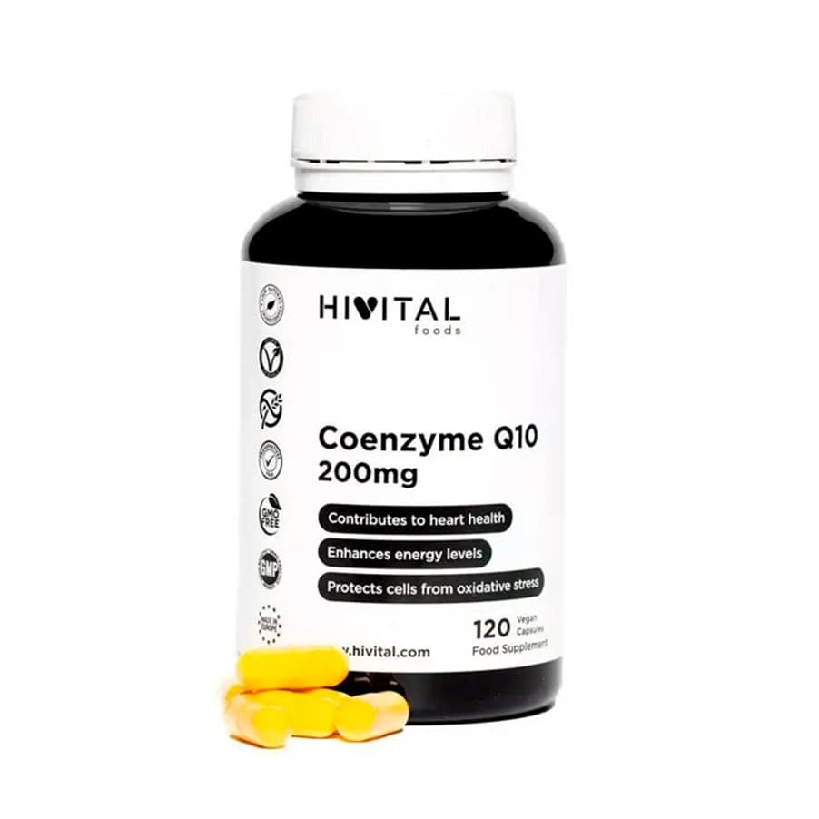 Coenzima Q10 200mg Hivital com 120 cápsulas veganas, suplemento alimentar com ubiquinona para a rotina diária.