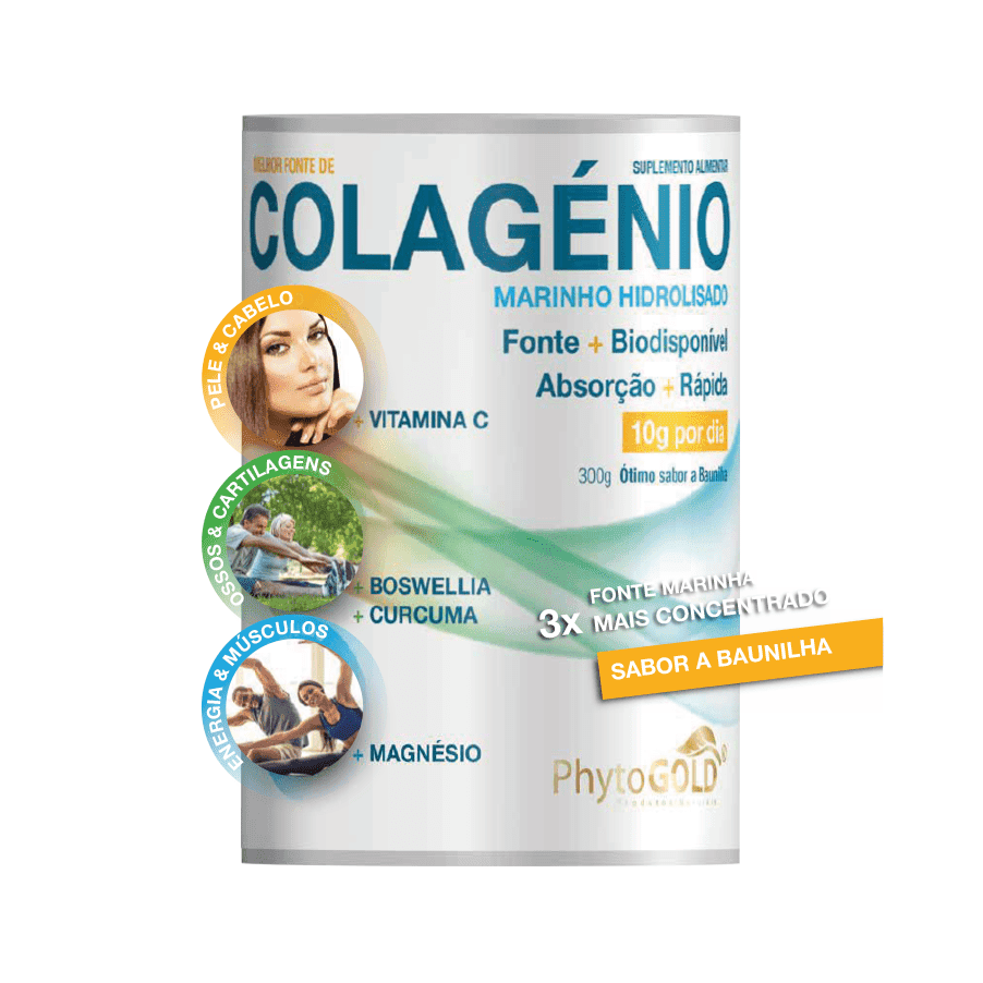 Colagénio Marinho Hidrolisado 300 g PhytoGold, suplemento alimentar em pó de origem marinha.
