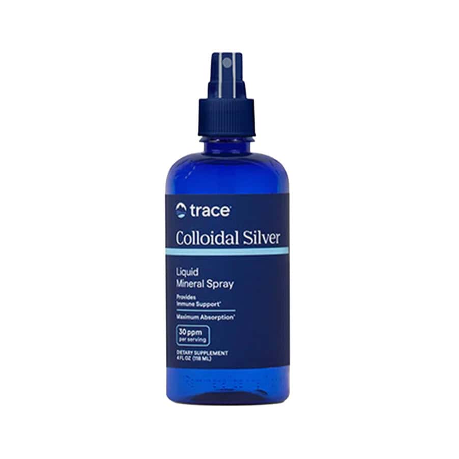 Colloidal Silver Spray 118ml Trace Minerals com solução de prata coloidal 30 ppm em frasco pulverizador.