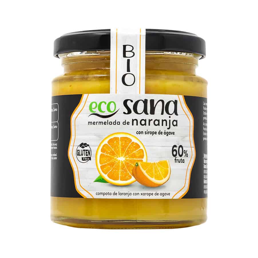Compota Extra de Laranja Bio 225gr Ecosana em frasco, compota biológica de laranja para barrar e usar em receitas.