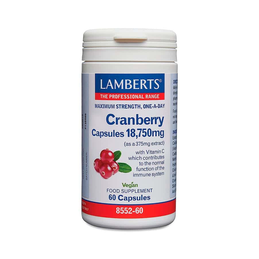 Cranberry 18750mg 60 Cápsulas Lamberts, suplemento alimentar em cápsulas com extrato concentrado de arando vermelho.