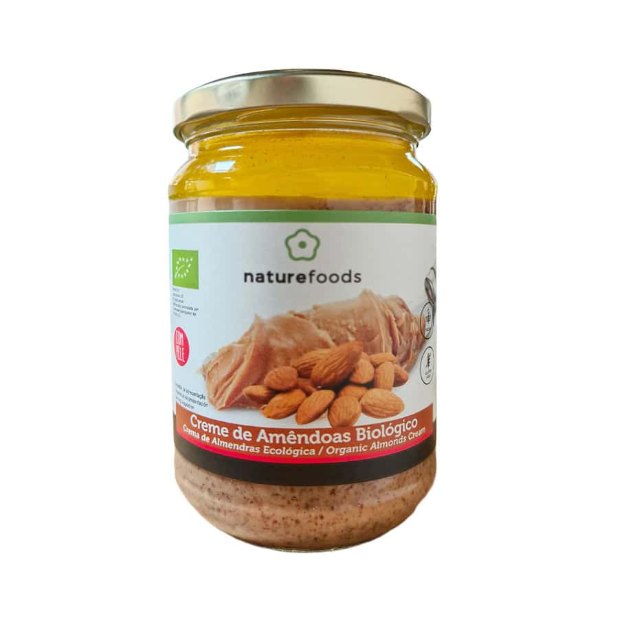Creme de Amêndoa Bio 300gr Naturefoods em frasco, cremoso e produzido com amêndoas biológicas.