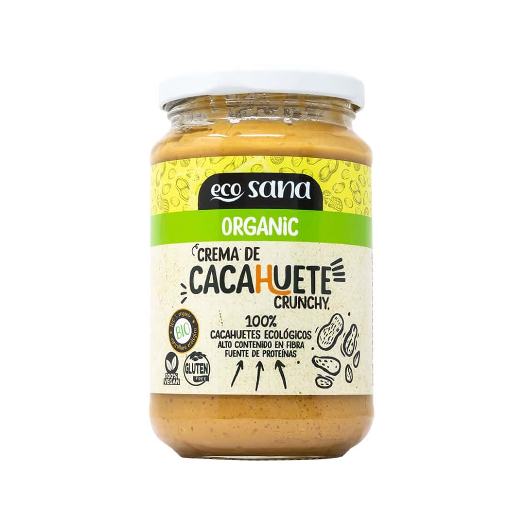 Creme de Amendoim Crunchy Bio 350gr Ecosana em frasco, creme biológico de amendoim com textura crocante para barrar e usar em receitas.