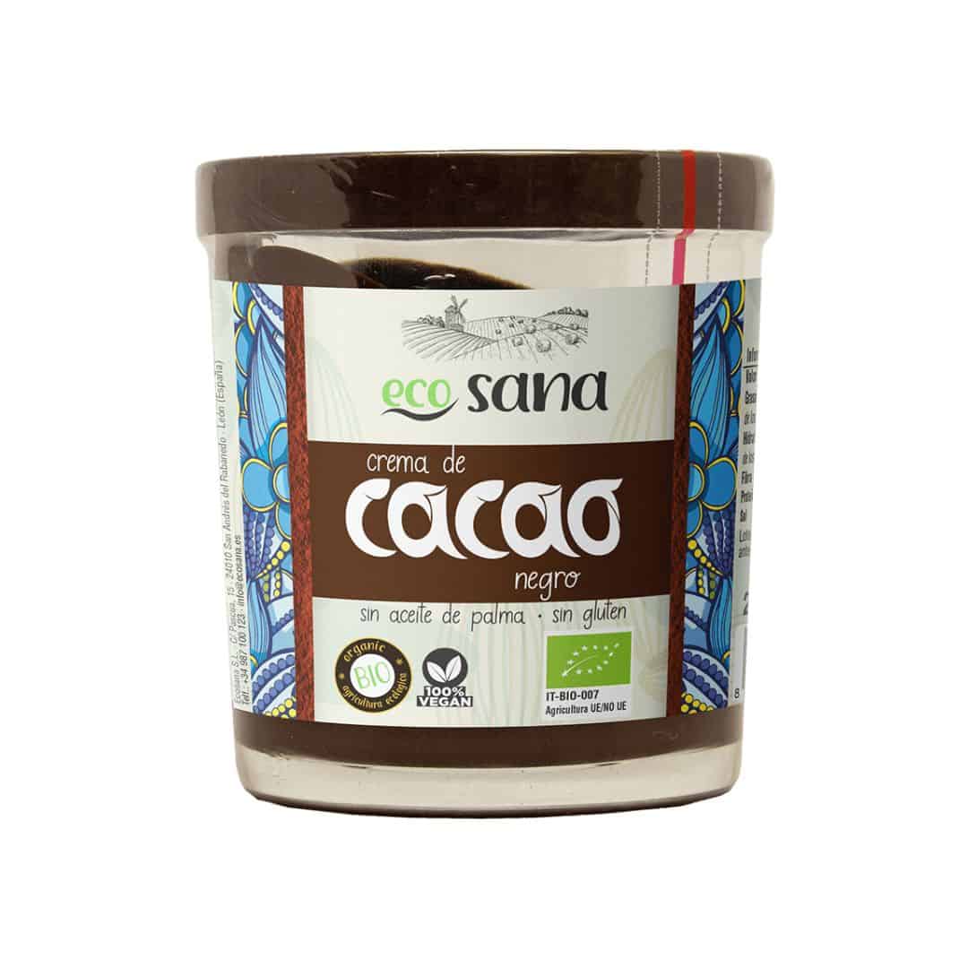 Creme de Cacau Preto Bio 200gr Ecosana em frasco, creme biológico para barrar com sabor intenso a cacau.