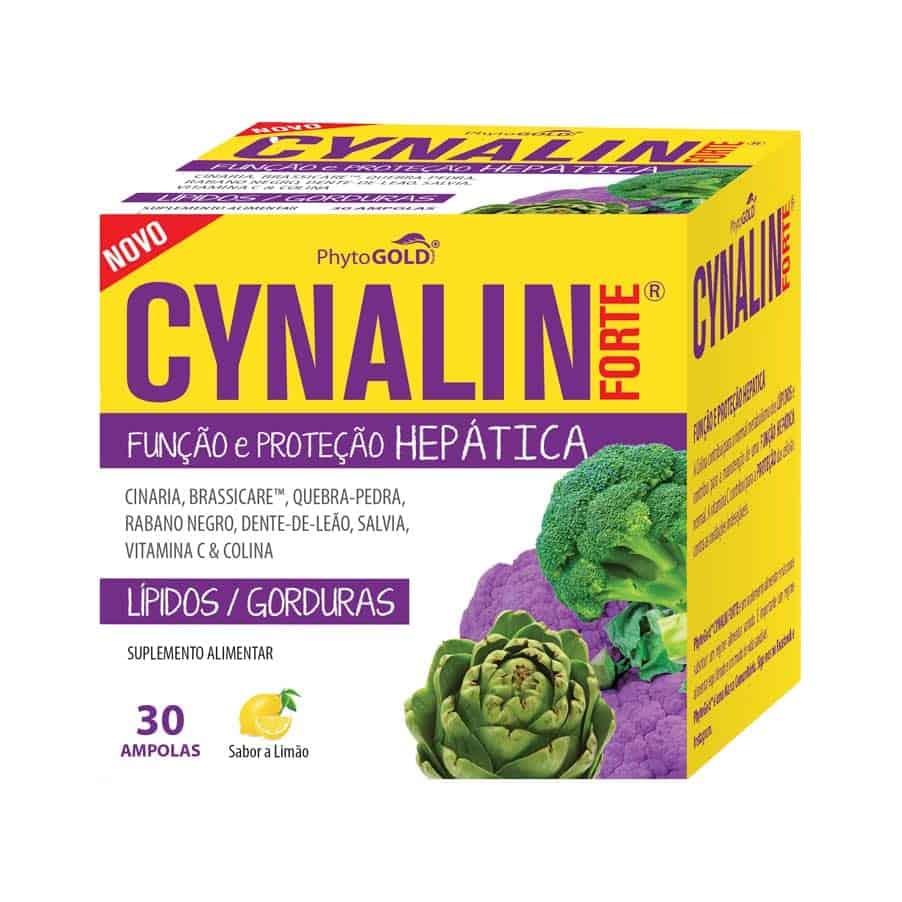 Cynalin Forte 30 ampolas PhytoGold, suplemento alimentar líquido com colina, vitamina C e extratos vegetais.