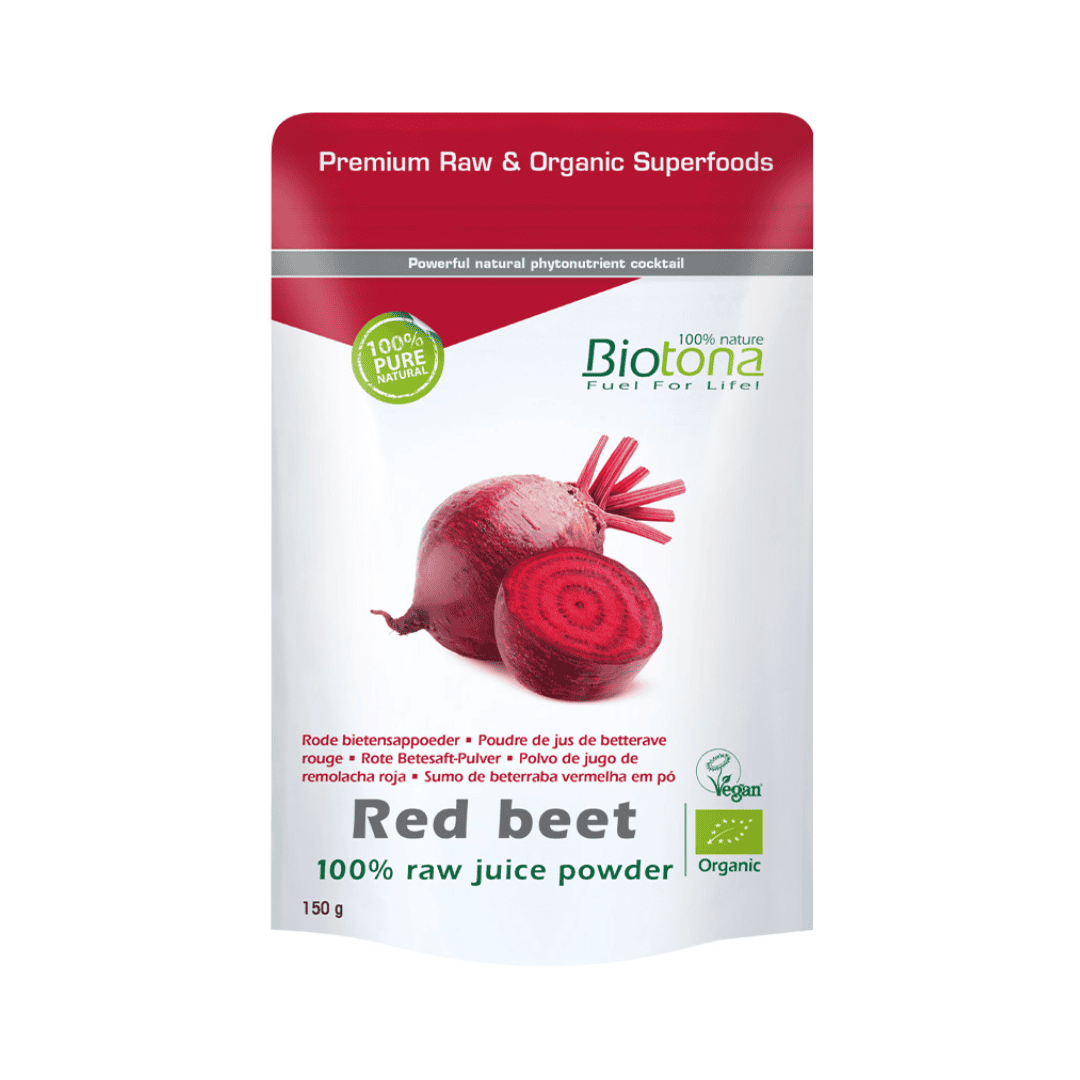 A Beterraba Vermelha 100% Raw Juice em Pó da Biotona traz-te todos os benefícios da raiz num formato prático e concentrado.