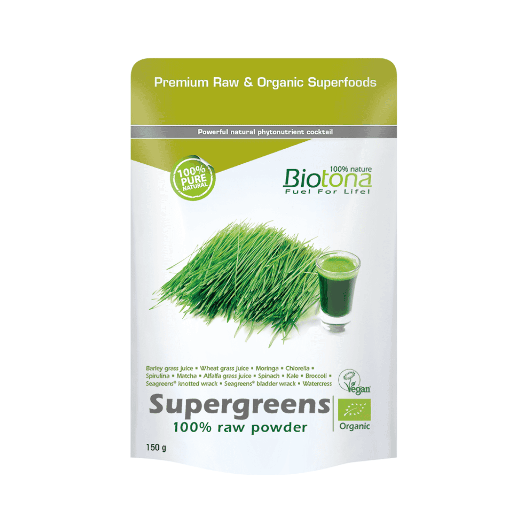 O Biotona Supergreens 100% Raw é um suplemento 100% biológico e cru que combina os mais potentes superalimentos verdes.