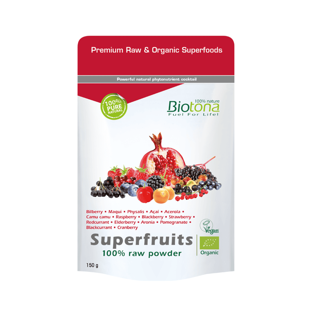 Superfruits 100% Raw Pó é um suplemento em pó, elaborado a partir das melhores super‑bagas que combina sabor, cor e aroma de frutas frescas de forma sublime.
