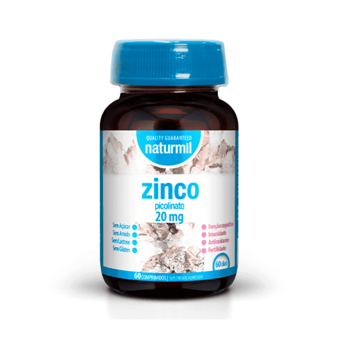 O Picolinato de Zinco 20 mg da Naturmil é um suplemento alimentar que fornece 20 mg de zinco puro por comprimido. Experimenta já!