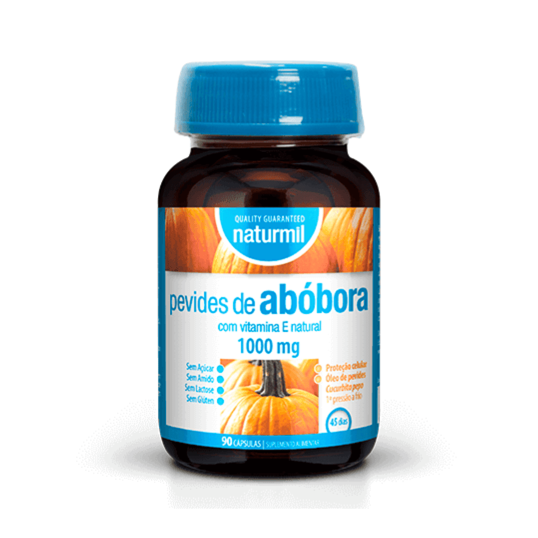 Frasco de suplemento Naturmil com 90 cápsulas de pevides de abóbora 1000mg, indicado para saúde da próstata e função urinária masculina.
