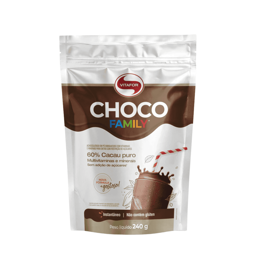 Embalagem de Choco Family 240gr da marca Vitafor, suplemento alimentar em pó sabor chocolate, indicado para toda a família