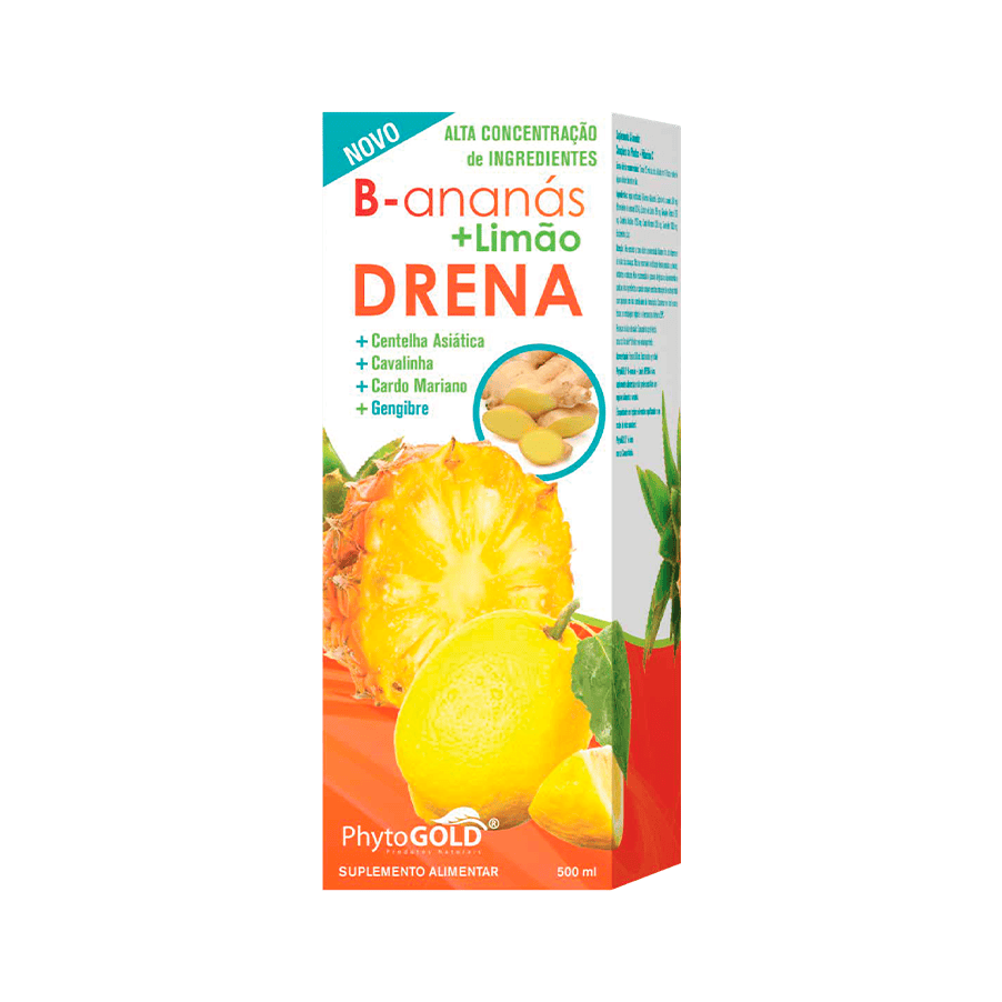 Drena B-Ananás + Limão 500ml PhytoGold, suplemento alimentar líquido com sabor tropical a ananás e limão.